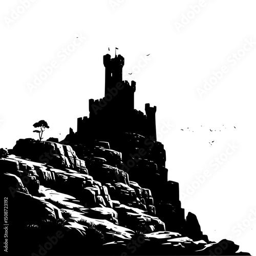 
Ancient castle ruins on a cliffside under cloudy sky
