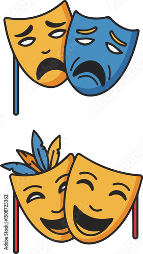 Create a kinds of Masquerade vector icons. Theater masks icon. Comic and tragic mask icon. Happy and unhappy traditional symbol of theater. vector art color with white background.