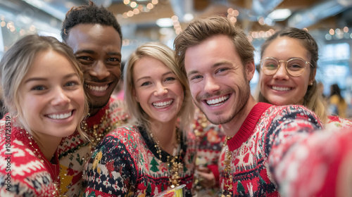 Group of friends taking selfie festive holiday party, all wearing colorful Christmas sweaters and smiling happily