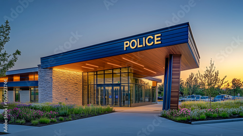 Modern police station building with landscaped entrance at sunset