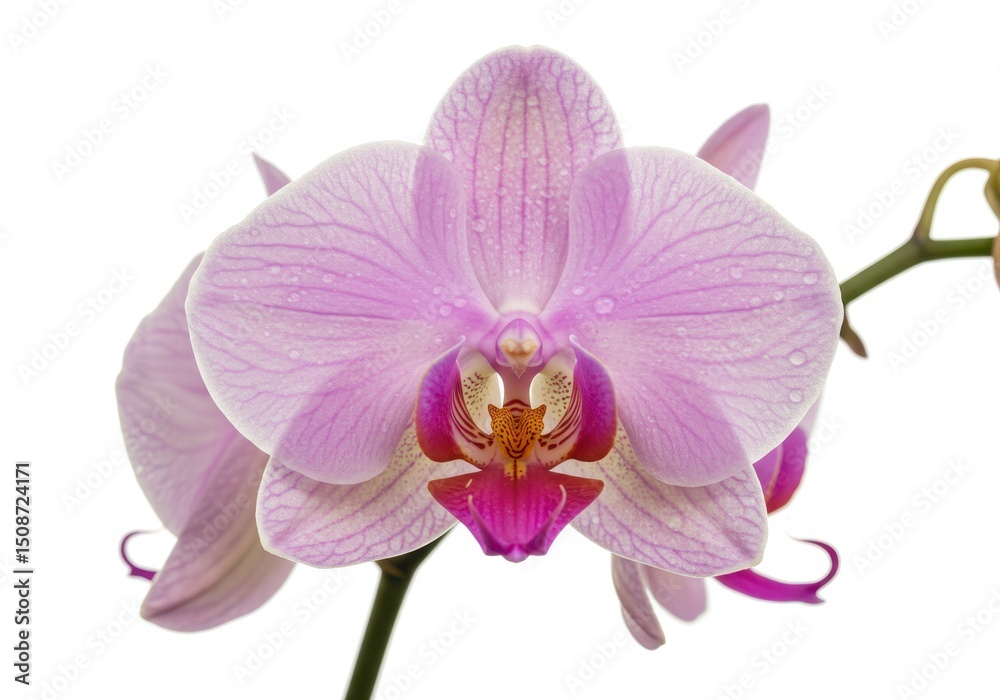 Fototapeta premium Close-up of a blooming light pink orchid flower with water droplets on petals