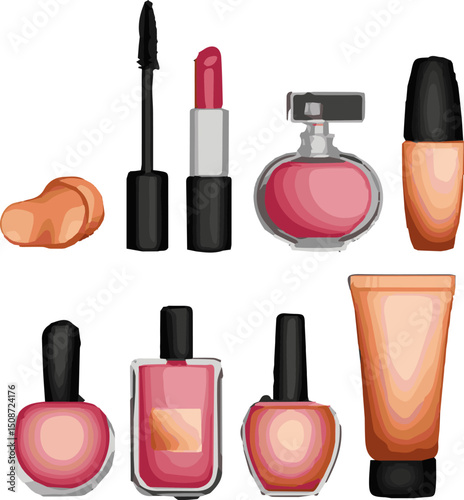 Create a  kinds of nail, polish, beauty, cosmetics, bottle, manicure, cosmetic, nail polish, color, make-up, with vector art color with white background.