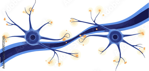 Create a kinds of Secretion of acetylcholine moving between the dendrites of activated neurons with orange glowing neurotransmitters in blue neural network vector art white background.