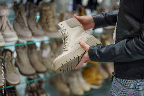 Hands examine stylish beige boot in a modern shoe store with many options available
