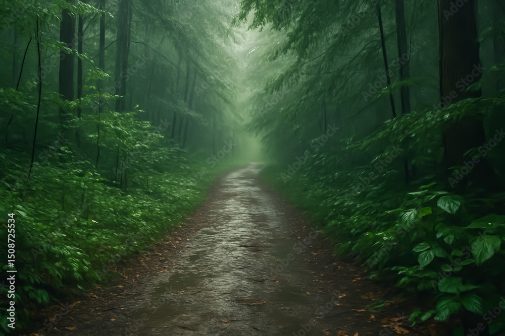Obraz premium Mysterious forest pathway shrouded in mist and greenery