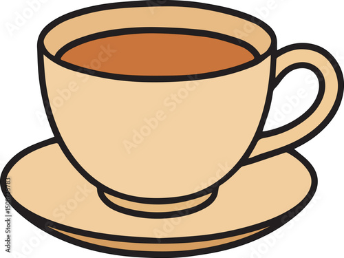 Vector Illustration of a Classic Beige Teacup on Saucer with Hot Tea