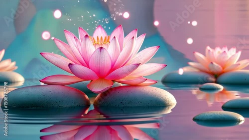 Pink lotus flowers blooming on smooth stones floating gently on calm water under soft pastel evening light photo