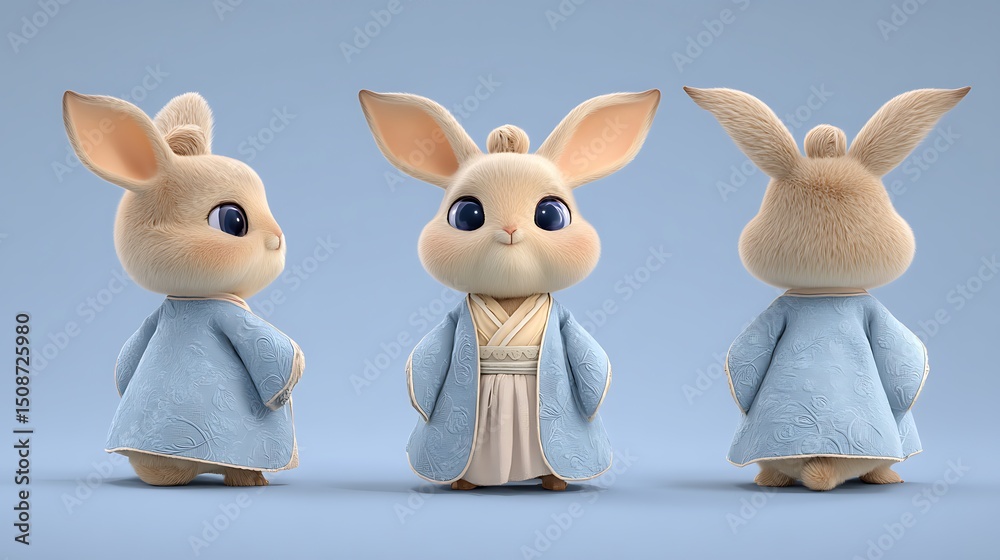 Obraz premium 파스텔 블루 전통의상 입은 아기 토끼 캐릭터 AI 생성