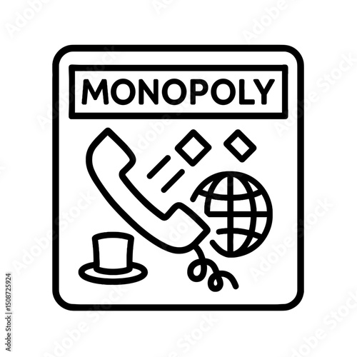 Minimalist line icon representing global monopoly concept, including symbols of communication, economy, and market control, illustrating dominance in international business and restricted competition