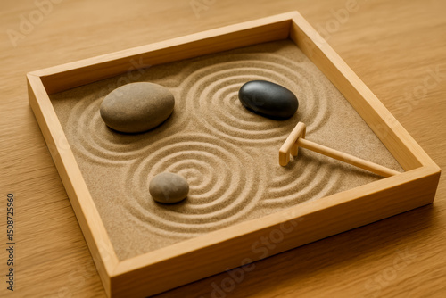 Zen sand garden with stones and rake for relaxation