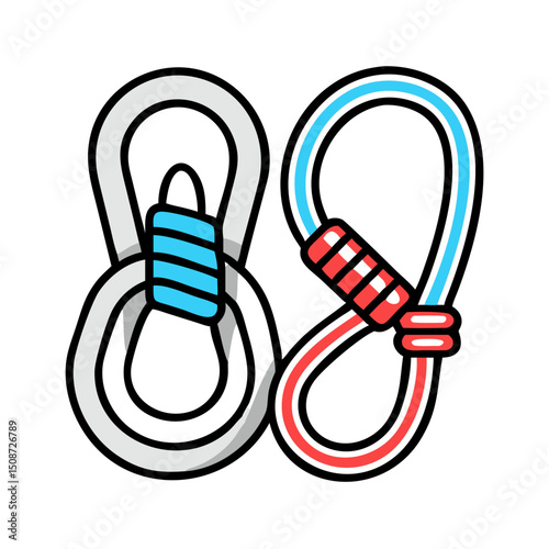Climbing rope with carabiners, outdoor sports icon.