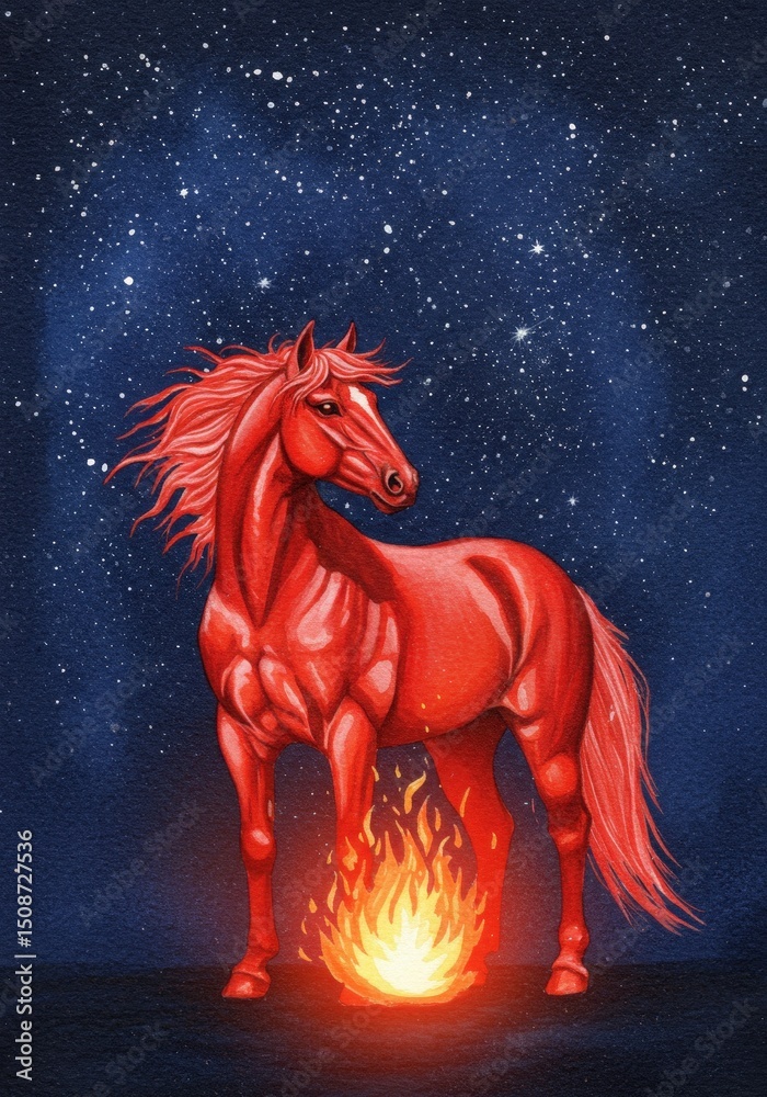 Obraz premium Cartoon red horse with yellow saddle against blue background 