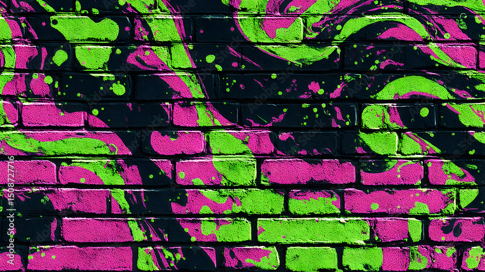 Fototapeta premium of neon green and pink paint swirling across a textured wall