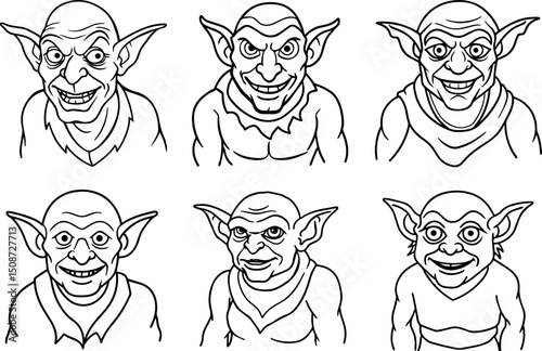 Set of goblin outline coloring book page vector illustration line art