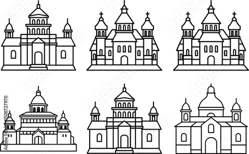 Set of monastery outline coloring book page vector illustration line art