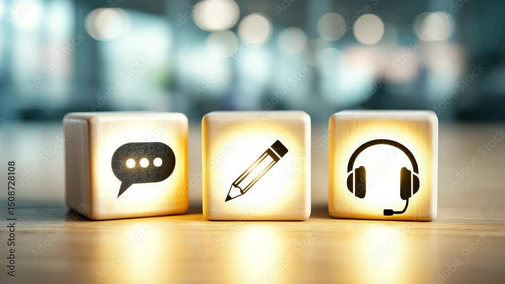 Customer Support, Call Center and Communication Strategies Represented by Symbolic Wooden Cubes, Headphones, Speech Bubble, and Pencil Icons Emphasizing Service, Feedback and Client Interaction, Video