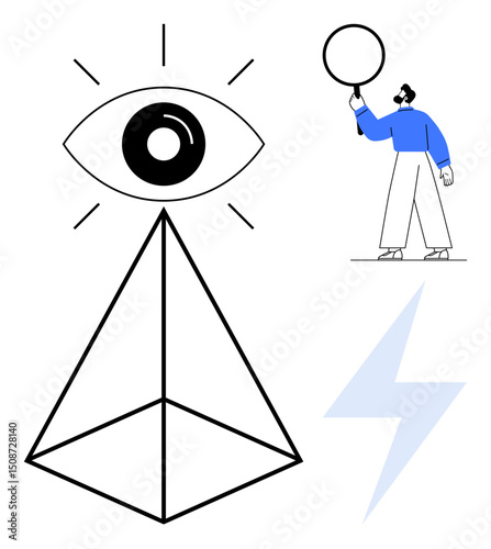 Abstract eye atop pyramid, person in blue holding circle, lightning bolt shape. Ideal for creativity, innovation, vision, awareness, leadership, communication simple landing page