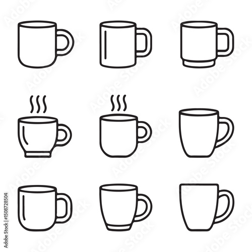 Mug and Hot Beverage Icons Set. Simple Line Art Illustrations of Various Coffee Mugs
