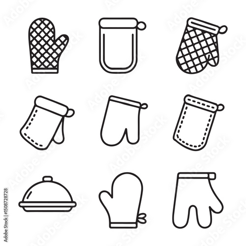 Outline Oven Mitt Icon Set. Set of Black Line Art Oven Mitts and Pot Lid
