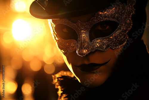 Silhouette of a masked figure at a Venetian masquerade