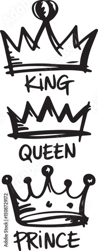 Hand drawn crowns for king queen and prince, Royal crown sketch set for regal theme designs