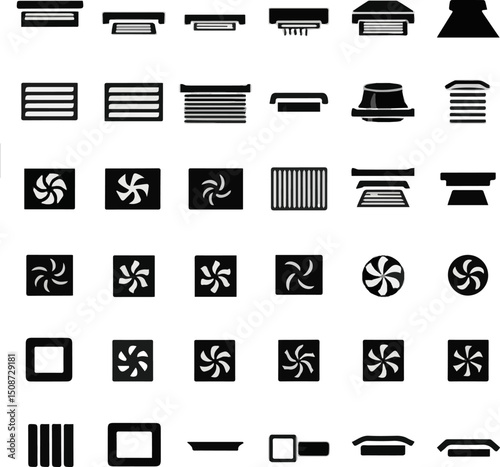 Create a kinds of Ventilation and roofing solid icons set – air circulation, roof ventilation, havoc symbols vector art silhouette white background.