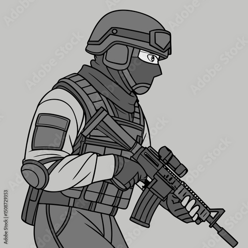 Illustration of a Soldier in Full Gear Holding a Rifle