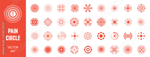 Red pain circles. Pain localization sign and pointings set icon