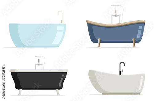 Bathtub for bathing in flat style. Vector set