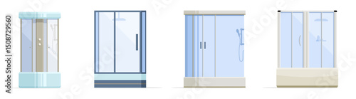 Shower cabin in flat style. Vector set