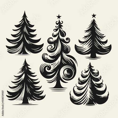 Set of elegant vintage-style black and white Christmas trees. Hand-drawn with bold lines and high contrast in classic linocut technique, perfect for retro holiday designs and decorations.