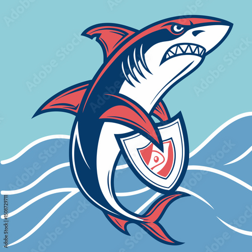 Aggressive Shark Mascot with Shield in Ocean Waves Vector Illustration
