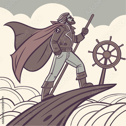 Captain on Ship s Bow with Cape and Ship Wheel Illustration