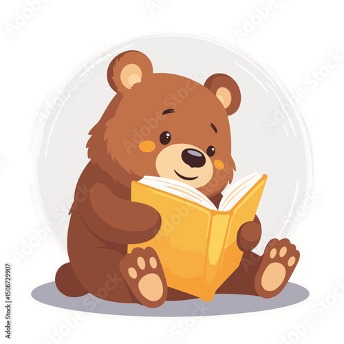 Adorable brown bear cub reading book, sitting on floor, enjoying literature. Cute bear character engrossed in yellow book, perfect for children's book illustration or educational materials.
