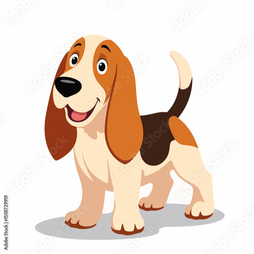 Adorable beagle puppy, Canis familiaris, standing on white background. Happy beagle puppy, brown and white tricolor, perfect for pet adoption posters.