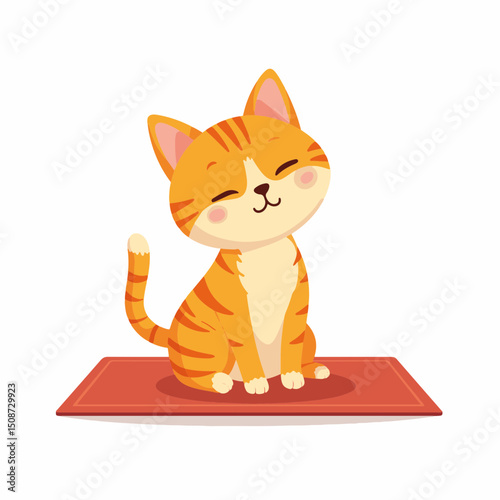Adorable orange tabby cat Felis catus sitting on red mat. Cute ginger kitten enjoying peaceful moment on yoga mat.