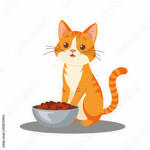 Adorable orange tabby cat felis catus sitting next to bowl of cat food. Cute pet patiently waits for meal.  Orange tabby kitten illustration perfect for pet food packaging,