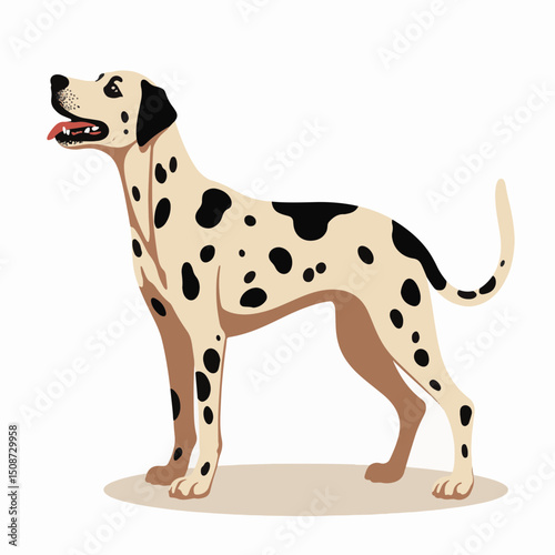 Dalmatian dog, Canis familiaris, standing profile, illustration.  This spotted canine breed is known for its distinctive coat and playful nature.