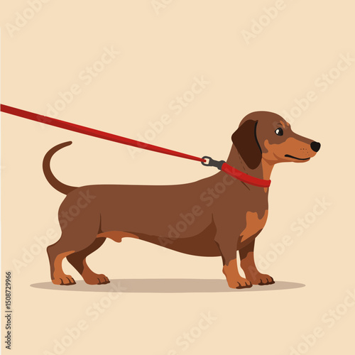 Brown dachshund dog on leash walking. This smooth-haired dachshund, *Canis familiaris*, is a small breed known for its long body and short legs.
