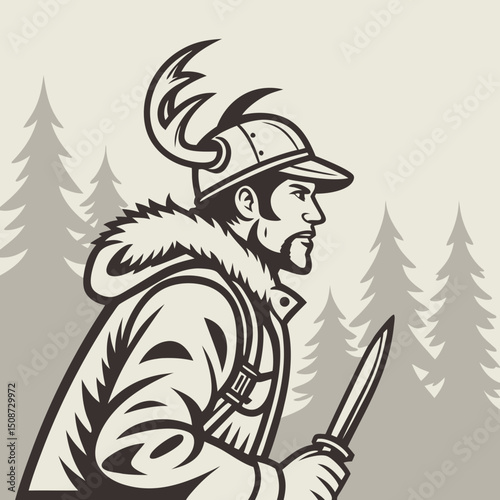 Hunter in forest with knife wearing helmet and fur lined coat