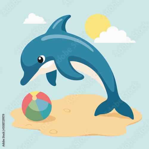 Playful dolphin jumping near beach ball on sandy shore. Cute dolphin playing with colorful beach ball near ocean. Happy dolphin image perfect for kids summer camp brochures.