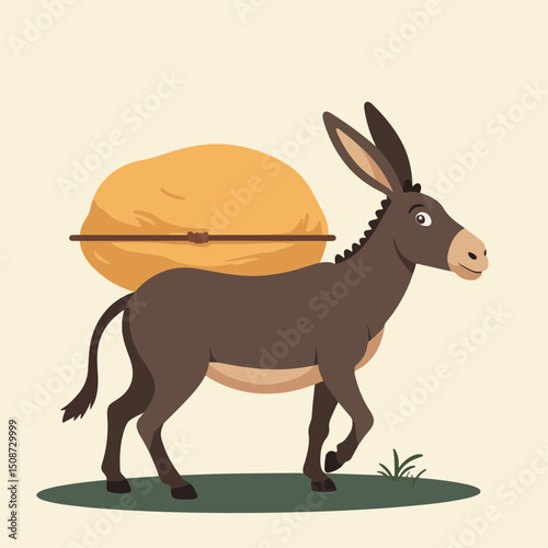 Brown donkey carrying large hay bale on its back. Donkey is walking on green grass.