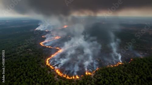Long wildfire line burning through dense forest