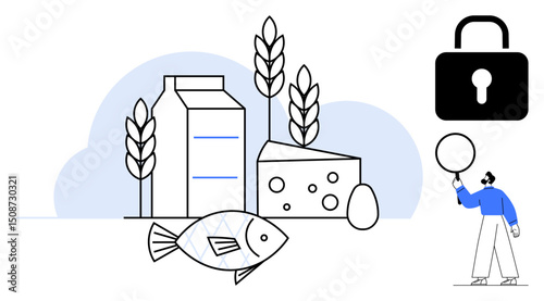Milk carton, cheese wedge, egg, fish, grain stalks, and padlock convey food safety and quality control. Man with magnifying glass symbolizes inspection. Ideal for food safety, nutrition quality