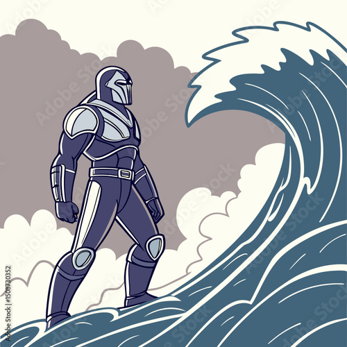 Futuristic Warrior Standing Before a Giant Wave in a Stylized Illustration