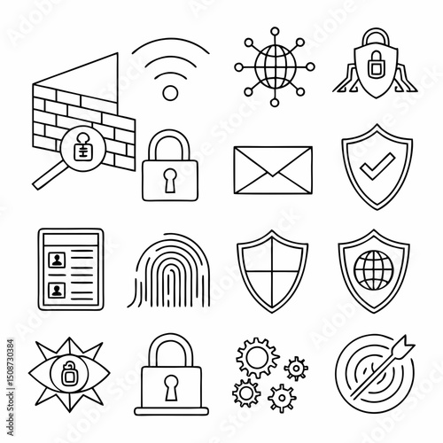 Vector line illustration of cybersecurity and data protection icons interconnected in a network structure, perfect for use in web design, print materials, presentations, and educational content about 