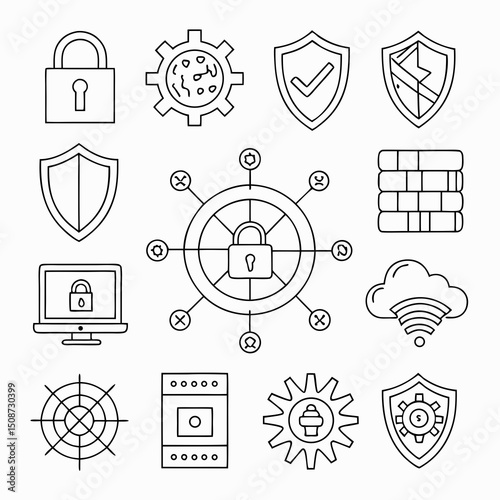 Linear icon set focused on cybersecurity, featuring locks, global network icons, shield protection, server safety, and cloud data security illustrations in a modern style