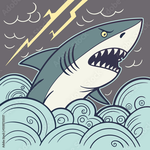 Cartoon Shark Emerging from Stormy Seas with Lightning Strike Overhead