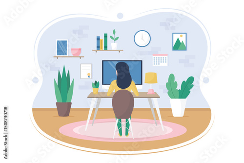 vector illustration of a woman with set up desk home office 