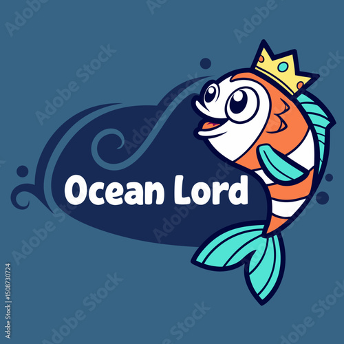 Cartoon Fish Wearing a Crown with Ocean Lord Text and Waves